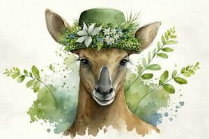 Cheerful Kangaroo Celebrating St Patricks Day with Shamrock Hat and Flowers in Watercolor photo