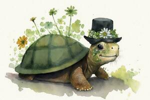 Cheerful Turtle Celebrating St Patricks Day with a Green Hat and Flowers in a Watercolor Illustration photo