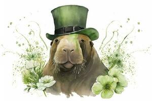 Whimsical Walrus Celebrating St Patricks Day with a Leprechaun Hat and Flowers in Watercolors photo