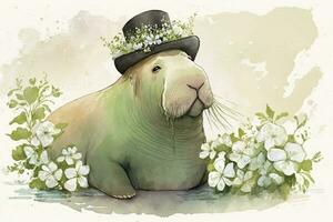 Whimsical Walrus Celebrating St Patricks Day with a Leprechaun Hat and Flowers in Watercolor photo
