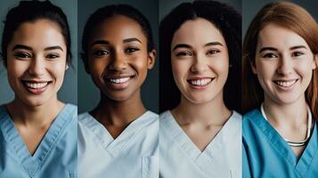 diverso grupo de hembra enfermeras sonriente para cuidado de la salud industria retrato foto