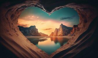 Ethereal HeartShaped Cave on River and Mountains at Sunset for Dreamy Background Generative AI photo