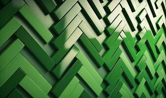 Green Herringbone Mosaic Wall with 3D Stacked Blocks photo