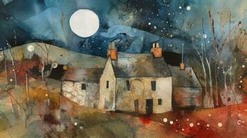 Moonlit Home A Dreamy Watercolor Collage photo