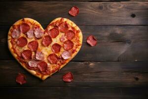 en forma de corazon pepperoni Pizza en oscuro de madera antecedentes para san valentin día foto