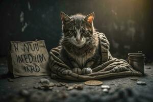 Lonely Cat Sitting on Blanket with Heartbreaking Sign photo