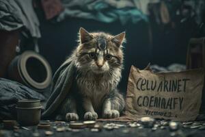 Lonely Cat Sitting on a Blanket with a Heartbreaking Sign photo