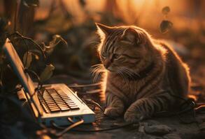 Working Late Cat Typing on Laptop at Sunset photo