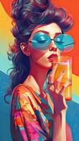 Bold Fashion Illustration of Woman Sipping Drink from Straw by Pool photo