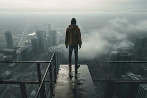 valiente persona en pie en repisa de rascacielos con paisaje urbano ver foto