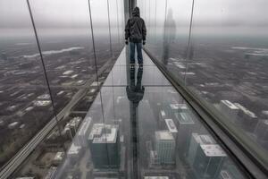 Standing on the Edge of the Sky A Thrilling View from a Skyscraper Ledge photo