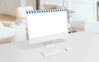 computadora monitor con azul blanco tienda toldo en parte superior concepto. aislado pantalla en blanco para producto, web página o aplicación presentación. compras desde hogar concepto foto