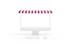 Computer display mockup with red white show awning concept. Isolated screen for web page, online shop presentation. Front view photo