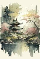 Enchanting Japanese Watercolor Landscape with a Fairy Garden Vibe photo