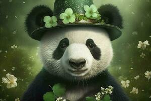 Cheerful Panda Celebrating St Patricks Day with a FourLeaf Clover Hat and Flowers photo