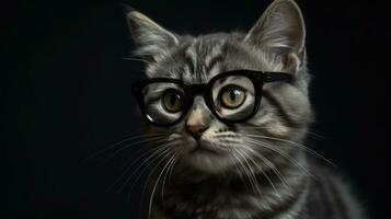 Confident Kitten with Glasses on Dark Gray Background photo