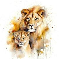 Tender Moment Lioness and Cub in Watercolor Painting photo