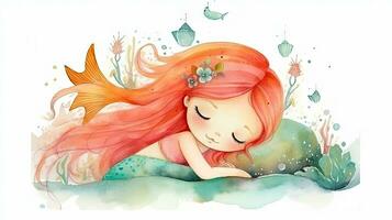 caprichoso acuarela ilustración de un sirena con naranja pelo y un rosado y verde cola abrazando un estrella de mar foto