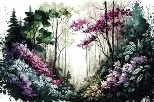 Vibrant Watercolor Painting of a Lush Forest in Bloom photo