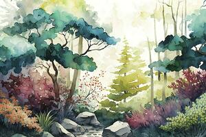 Vibrant Watercolor Painting of a Lush Forest in Bloom photo