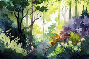 Vibrant Watercolor Painting of a Lush Forest in Bloom photo