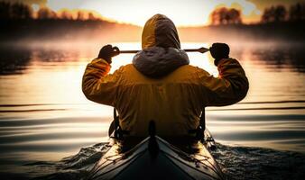 kayak en unidad con naturaleza a dorado puesta de sol foto