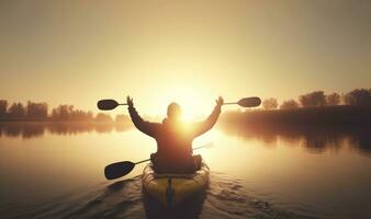 kayak en unidad con naturaleza a dorado puesta de sol foto