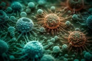 Microscopic View of Bacteria and Virus Cells in a Scientific Laboratory Ideal for Medical Research photo