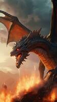 Majestic Dragon Flying Through Flaming Clouds photo