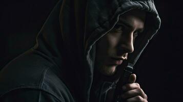 Mysterious Figure Holding Gun in Dark Background photo