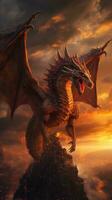 Majestic Dragon Flying Through Flaming Clouds photo
