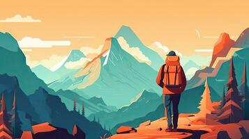 Adventurous Man with Backpack in Abstract Mountain Landscape photo