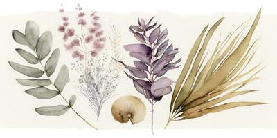 Elegant Watercolor Painting of Eucalyptus Leaves and Pampas Grass in Beige Sage and Gold Tones photo
