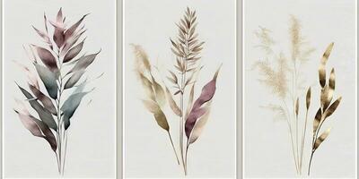 Elegant Watercolor Painting of Eucalyptus Leaves and Pampas Grass in Beige Sage and Gold Tones photo