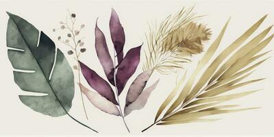 Elegant Watercolor Painting of Eucalyptus Leaves and Pampas Grass in Beige Sage and Gold Tones photo