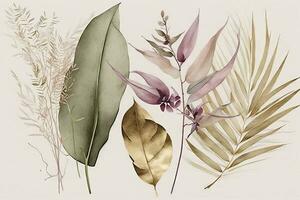 Elegant Watercolor Painting of Eucalyptus Leaves and Pampas Grass in Beige Sage and Gold Tones photo