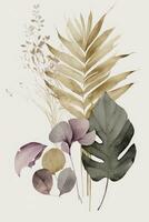 Elegant Watercolor Painting of Eucalyptus Leaves and Pampas Grass in Beige Sage and Gold Tones photo