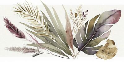 Elegant Watercolor Painting of Eucalyptus Leaves and Pampas Grass in Beige Sage and Gold Tones photo