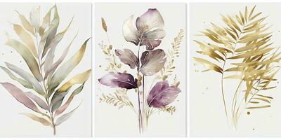 elegante acuarela pintura de eucalipto hojas y pampa césped en beige sabio y oro tonos foto