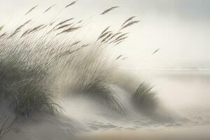 Serene Sunrise on a Minimalist Beach with Foggy Shoreline and Soft Muted Waves photo