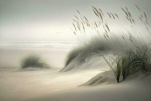 Serene Sunrise on a Minimalist Beach with Foggy Shoreline and Soft Waves photo