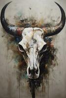 Vintage Bull Skull with Knife in Minimalist Impressionism Oil Painting Technique photo