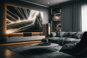 Contemporary Living Room with Large TV Screen and Ambient Lighting photo