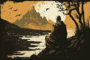 Serene Monk Meditating in Nature photo