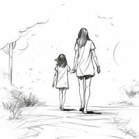 Minimalist Style One Line Drawing of Mother and Daughter Walking Together photo