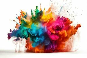 Vibrant Rainbow Holi Powder Explosion on White Background photo