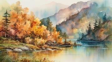 Autumnal Landscape with Mountains Forests and a Lake in Watercolor photo