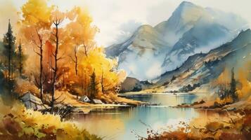 Autumnal Landscape with Mountains Forests and a Lake in Watercolor photo
