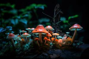 Glowing Mystic Mushrooms Growing in the Dark photo