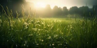 primavera felicidad de cerca de verde césped y hojas en un brumoso parque con luz de sol foto